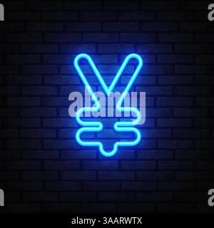 Yen sign in electric blue neon lines representing Japanese currency. Glowing symbol floats over a textured dark background. Stock Vector