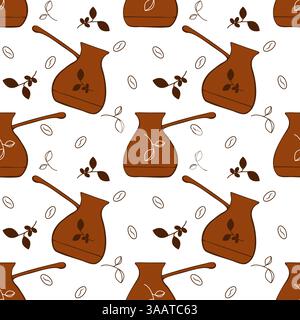 Coffee cezve and beans pattern, hand-drawn doodle drawings of coffee cezves and branches with coffee tree fruits. Vector illustration Stock Vector
