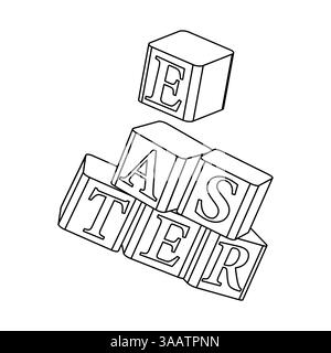 Black and white coloring page featuring stacked letter blocks spelling EASTER in a playful design. Kids toy cubes. Stock Vector