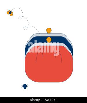 Empty coin purse with dangling spider and bug flying away 2D cartoon object Stock Vector