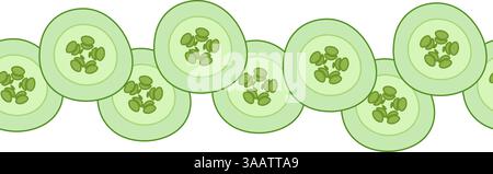 Cucumber slice horizontal seamless border. Vector flat illustration Natural healthy organic food Flat isolated on a white background. Ideal for menu, Stock Vector
