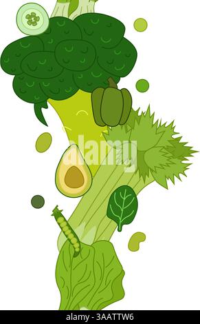 Green vegetables seamless vertical border. Vector flat illustration for food design, recipe, cook book, packages, menu, food ads and decor Eat green Stock Vector