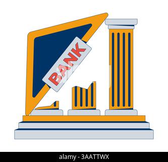 Collapsing bank structure with tilted sign, broken pillars 2D cartoon object Stock Vector