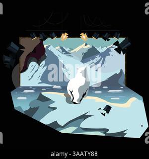 A polar bear walks across icy terrain in a stylized arctic landscape, set within a surreal stage scene under dramatic theater lighting. Stock Vector