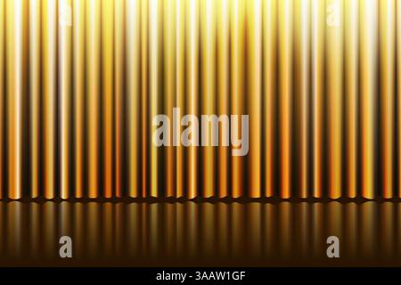 Realistic golden curtain bg on stage. Silky drapery with soft folds adds elegance to theater performance, art concert or cinema award ceremony. Luxury satin texture with smooth fabric. Vector eps. Stock Vector