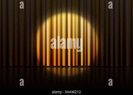 Realistic closed gold cinema curtain bg with round spotlight. Silky drapery with soft folds creates an elegant theatrical scene for show or event. Luxury fabric texture for horizontal announcement. Stock Vector