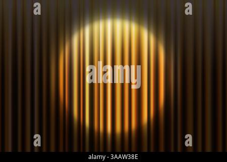 Realistic golden curtain background with round spotlight on stage. Vector illustration silky drape for theater performance, art concert or cinema award ceremony. Luxury satin texture with smooth folds Stock Vector