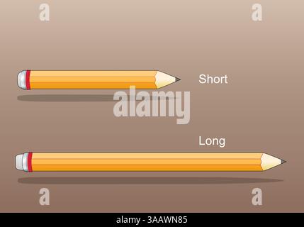 Compares a short and a long pencil. Concept of length differences. educational diagram. Vector illustration Stock Vector