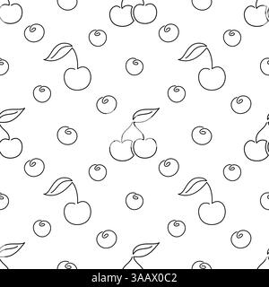 Cherry fruit seamless pattern. Single line illustration. Line art double Cherry. One line Cherry texture. Vector Outline fruit isolated on white background. Textile, fabric, texture design Stock Vector