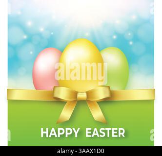 Happy easter template with golden ribbon, bow and eggs. Vector poster with eggs on bright background Stock Vector