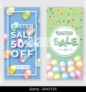 Easter vertical banners with 3d eggs on green and blue with letters. Cute vector easter background Vector illustration Stock Vector