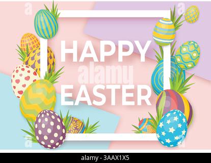 Happy easter template with white frame and eggs. Easter vector poster with eggs and grass Stock Vector