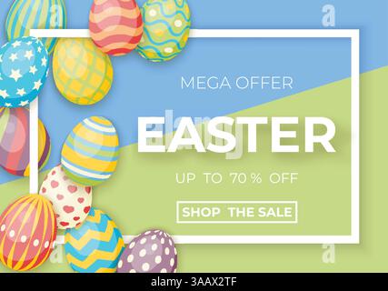 Happy easter template with white frame and eggs. Vector poster with eggs Stock Vector