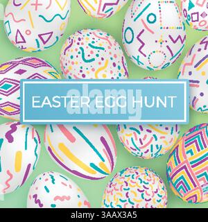 Easter egg hunt template with ornate eggs. Vector poster with ornate eggs on green background Stock Vector