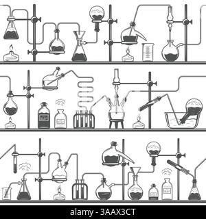 Chemistry seamless pattern with formulas and laboratory equipment. Science vector background Stock Vector