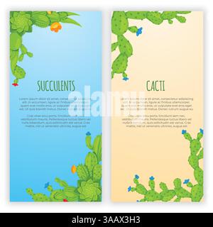 Set of 2 vertical vector banners with cactuses and succulents. Home cactus plants with prickles and flowers. Exotic tropical collection of various suc Stock Vector