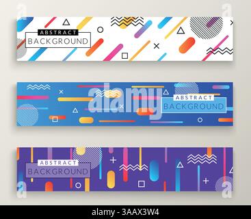 Abstract memphis style retro horizontal vector banners with multicolored simple geometric shapes and copy space frame. Triangles, circles, lines Stock Vector