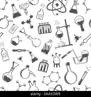 Chemistry seamless pattern with formulas and laboratory equipment. Science vector background Stock Vector
