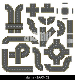 Road vector elements. Collection of connectable highway elements. Top view vector elements. Part of road highway, illustration highway road for traffi Stock Vector