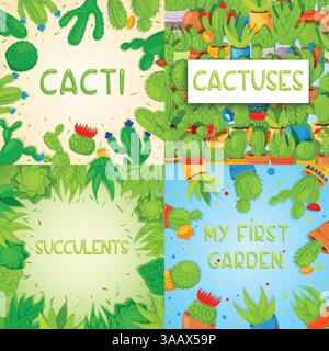 Set of 4 square vector banner templates with cactuses and succulents. Home cactus plants with prickles and flowers. Exotic tropical collection of vari Stock Vector
