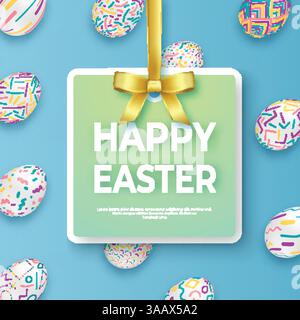 Happy easter template with golden ribbon, bow and ornate eggs. Vector poster with ornate eggs on blue background Stock Vector