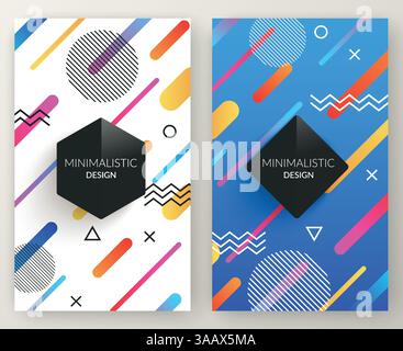 Abstract memphis style retro vector vertical banners with multicolored simple geometric shapes and copy space frame. Triangles, circles, lines Stock Vector
