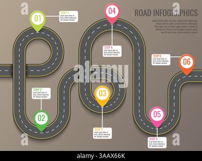 Infographics vector template with road map using pointers. Top view vector elements. Road trip. Business and journey infographic design template with Stock Vector