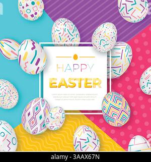 Easter background with square frame and colorful ornate eggs on modern geometric background. Cute vector easter banner or greeting card. Vector illust Stock Vector