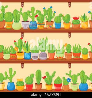 Seamless pattern with cactuses and succulents in plants pots on shelves. Cute cartoon cactus collection. Cactuses and plants abstract natural vector b Stock Vector