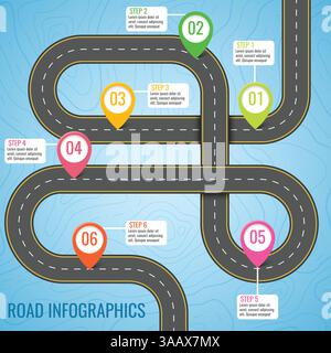Infographics vector template with road map using pointers. Top view vector elements. Road trip. Business and journey infographic design template with Stock Vector