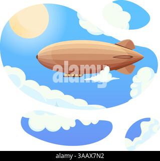 Airship in blue sky and clouds. Vintage vector airship Zeppelin. Dirigible balloon Stock Vector