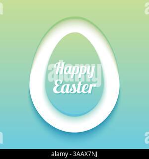 Easter card with paper cut egg shape frame. Happy vector Easter paper cut out egg on green blue background. Trendy 3D Easter greeting card template Stock Vector
