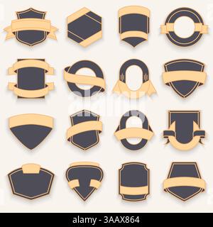 Set of blank empty dark shields. Shield badge shapes. Vintage vector frames for emblems, labels, insignia Stock Vector
