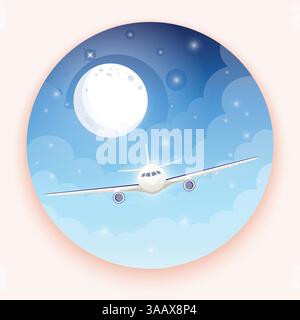 Airplane on blue background with moon and stars. A flying plane in night sky. Landing illustration. Travel by airplane, private airlines and transport Stock Vector