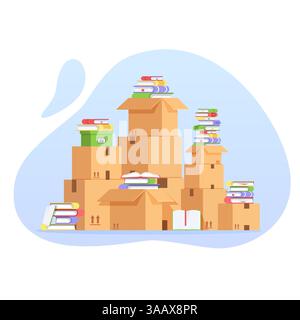 Pile of cardboard boxes and books. Unorganized vector concept. Pile of stacked cardboard boxes. Moving to a new house with books Stock Vector