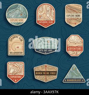Set of nine topographic map travel vector emblems. Outdoor adventure emblems, badges and logo patches. Forest camp labels in vintage style. Map patter Stock Vector