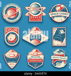 Colorful space, UFO and planet vector labels, logos, badges, emblems. Explore mission in space Stock Vector