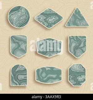 Set of nine empty topographic map travel vector emblems. Outdoor adventure emblems, badges and logo patches. Map pattern with mountain texture and gri Stock Vector