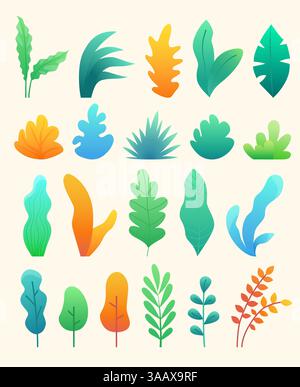 Set of abstract colorful leaves and trees in flat style. Leaf collection. Trendy vector plants Stock Vector