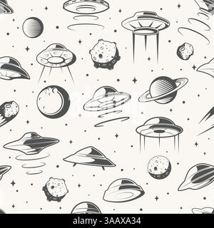 Seamless vector pattern. Space, UFO and planet background. Explore mission in space Stock Vector