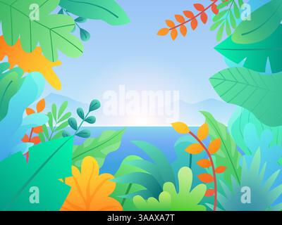 Landscape with leaves and plants. Floral background with sea, hills and sunset. Tropical vector background with palm leaves Stock Vector