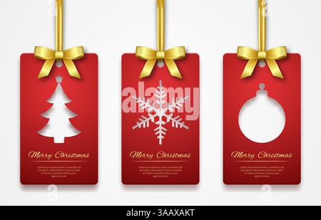 Christmas tags on white background with golden ribbon. New Year holidays hang tag labels. Cut out vector paper Christmas tags with tree, snowflake and Stock Vector