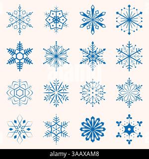 Collection of blue snowflakes. Sixteen snowflakes of different shapes. Winter set vector illustration Stock Vector