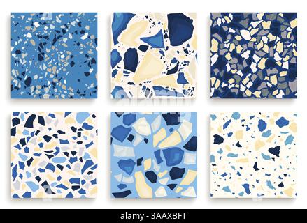Six seamless terrazzo patterns. Hand crafted and unique patterns vector repeating background. Granite textured shapes in vibrant colors Stock Vector