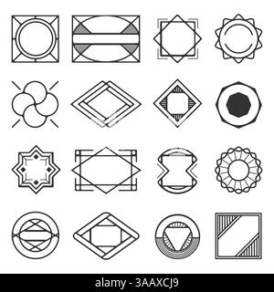 Collection of universal black geometric vector shapes. Simple geometric elements. Set of line abstract geometric badges Stock Vector