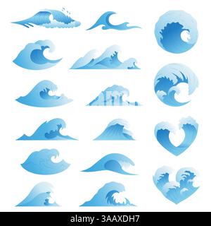 Ocean waves vector set. Sea storm wave isolated. Waves, water elements set. Nature wave water storm linear style illustration Stock Vector