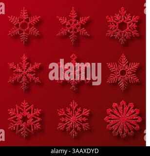 Collection of red glitter snowflakes. Nine snowflakes of different shapes. Winter holidays vector decoration Stock Vector
