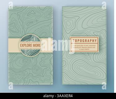 Two abstract retro vertical banners with map pattern and copy space frames. Topographic map travel vector background. Map pattern with mountain textur Stock Vector