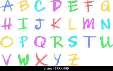English alphabet hand-drawn in a crayon. Capital colorful letters in chalk, pastel, or wax style. Highlighter effect on white board for kindergarten Stock Vector