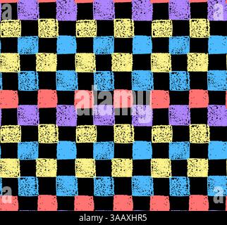 Gingham seamless pattern. Mosaic ornament with jagged yellow red blue green squares drawn with colorful charcoal. Modern background painted by color Stock Vector